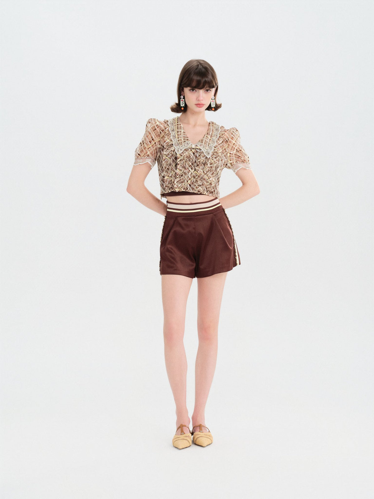 Morning Muse Brown Vintage Glitter Check V-Neck Embroidered Blouse Mustard Brown back view