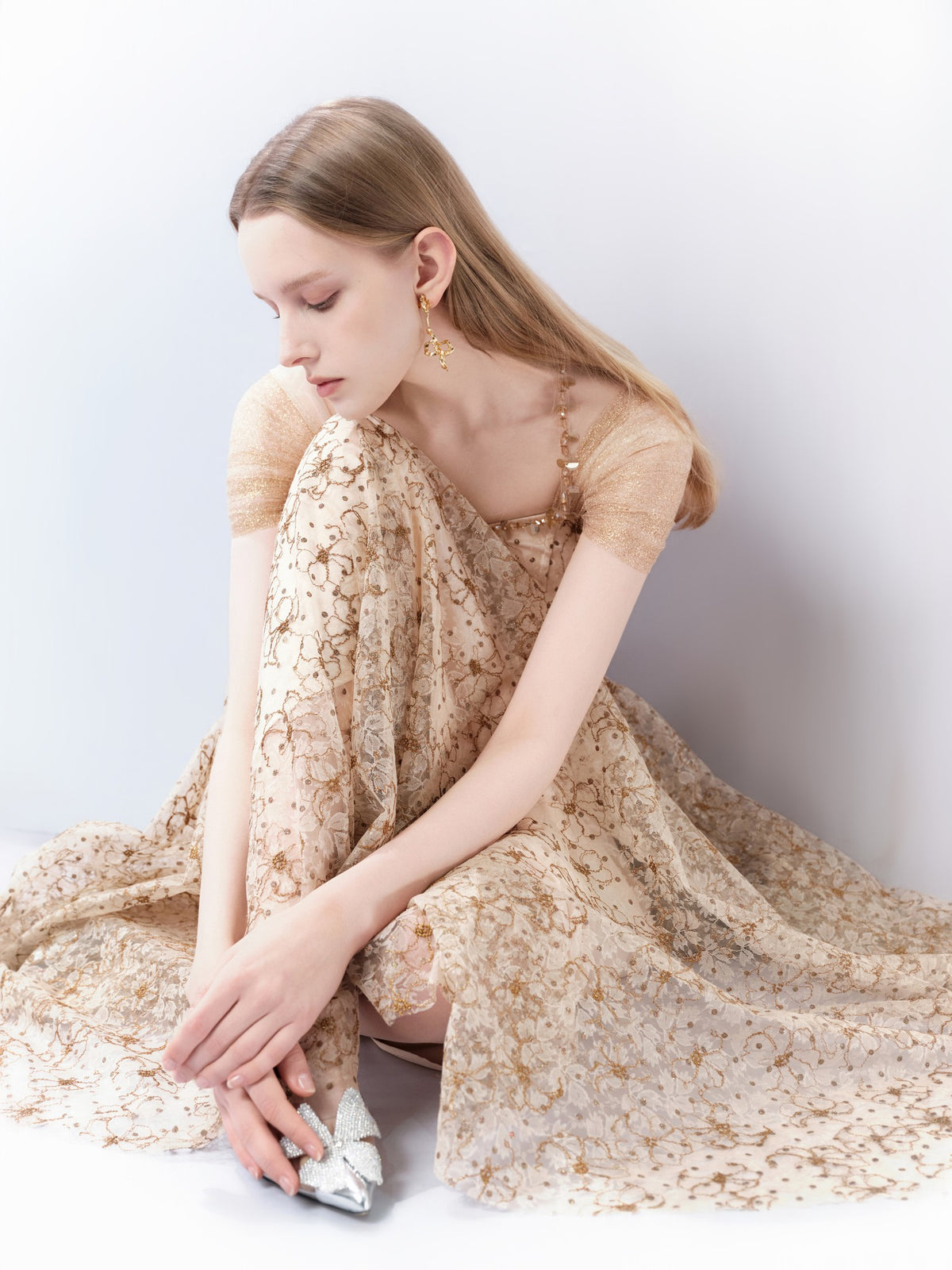 Pearl Wonderland Tulle Embroidered Sequin Waist Dress fabric close-up
