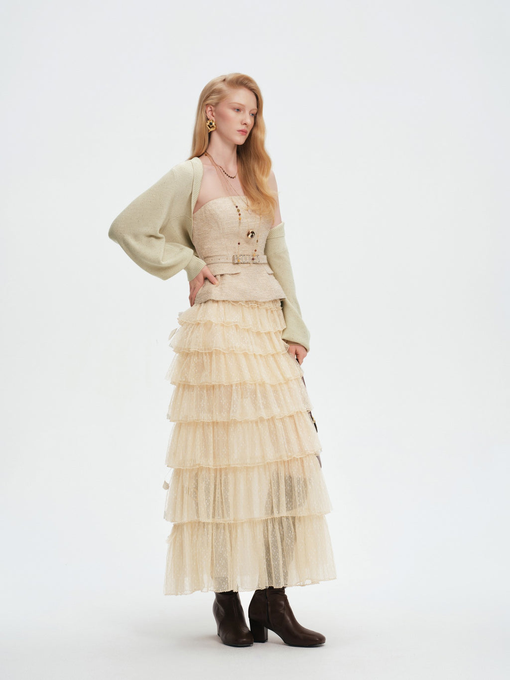Pearl Wonderland Layered Lace Polka Dot Tulle Maxi Skirt side profile