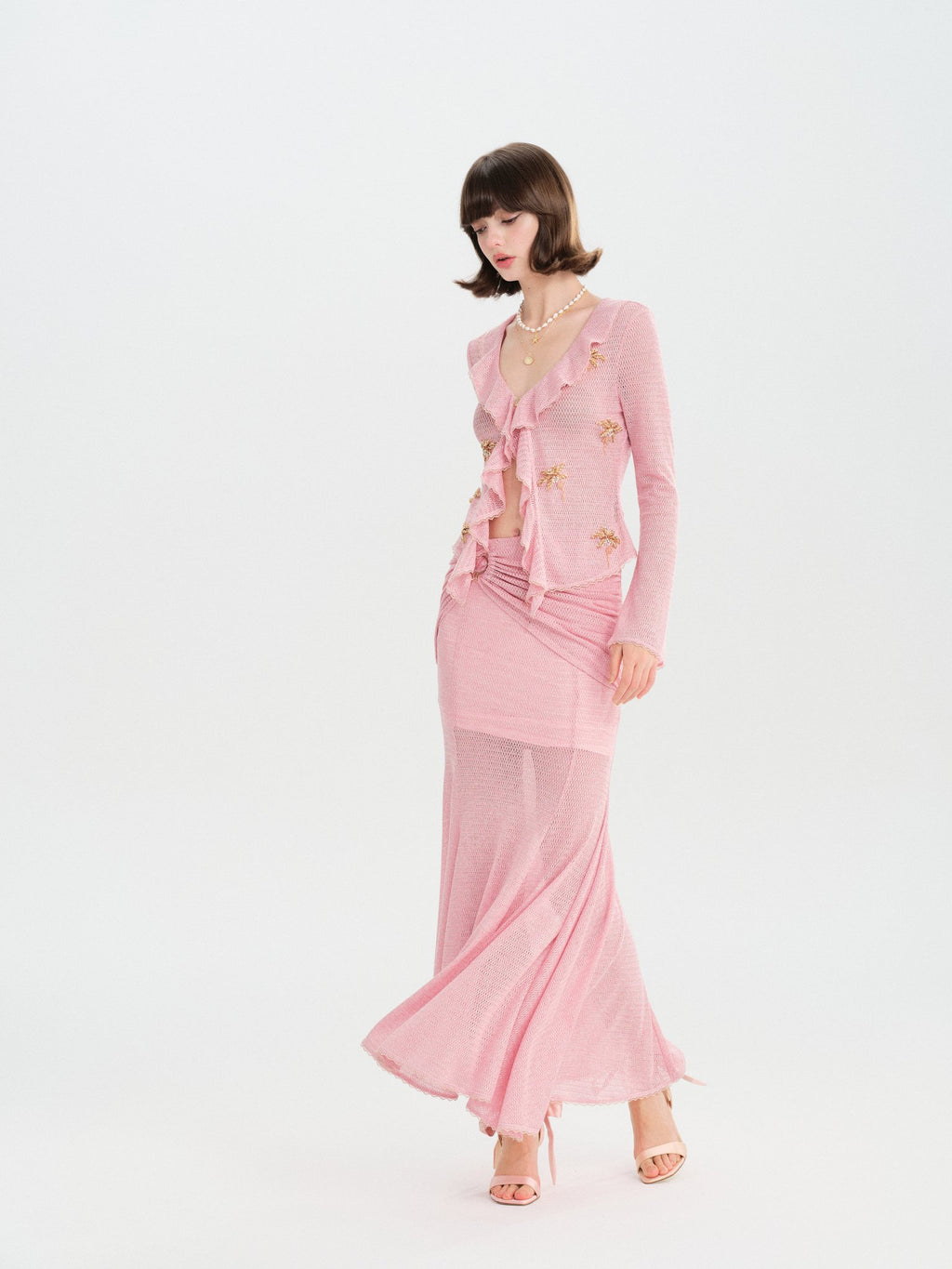 Morning Muse Pink Ruffle V-Neck Knit Two-Piece Set side profile