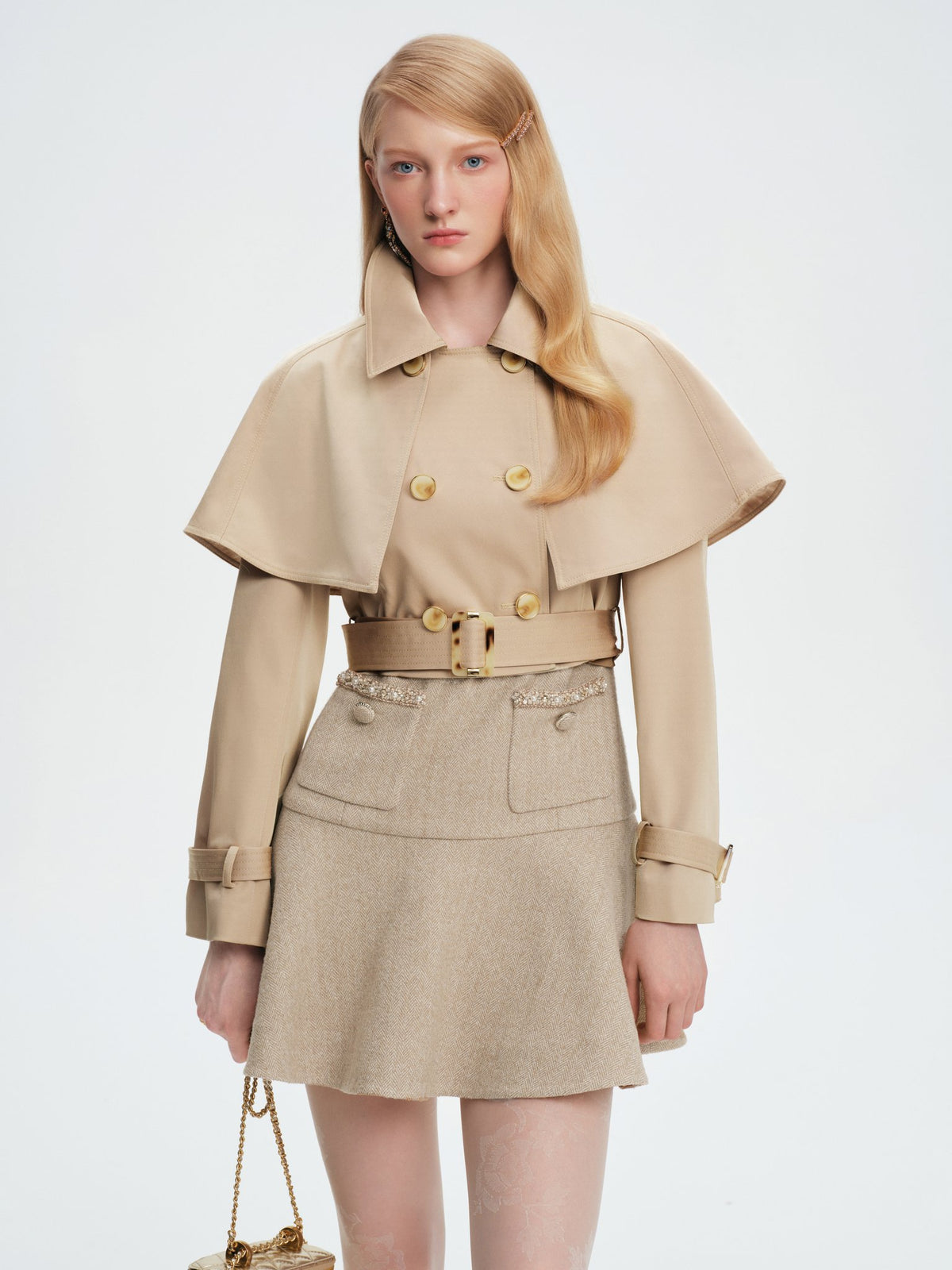 Mayfair Lapel Cape Double-Breasted Belted Short Coat full look
