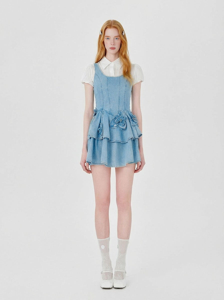 Riviera Washed Blue Tailored Denim Tiered Mini Dress back view