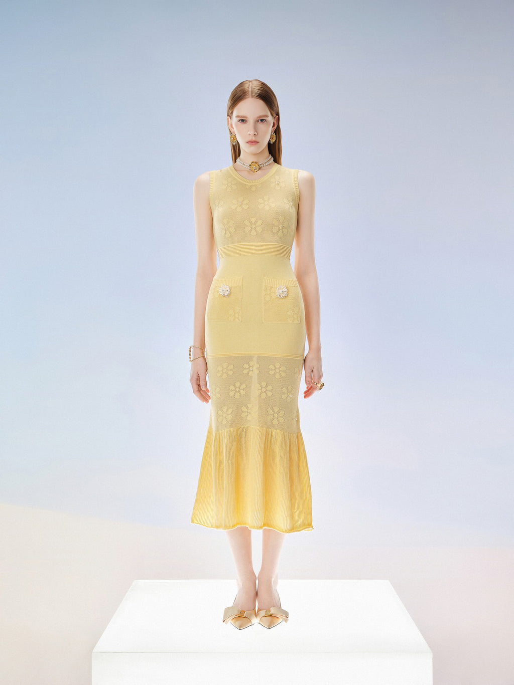 Sunset Bloom Sunlight Yellow Openwork Knit Maxi Dress lookbook cover