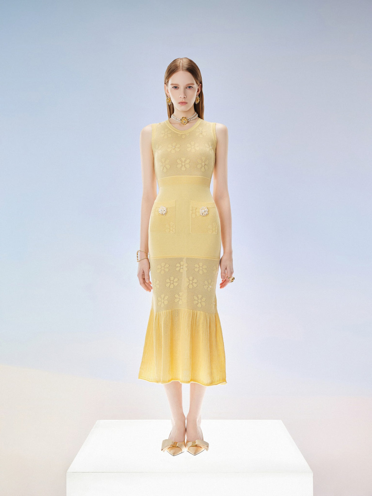 Sunset Bloom Sunlight Yellow Openwork Knit Maxi Dress lookbook cover