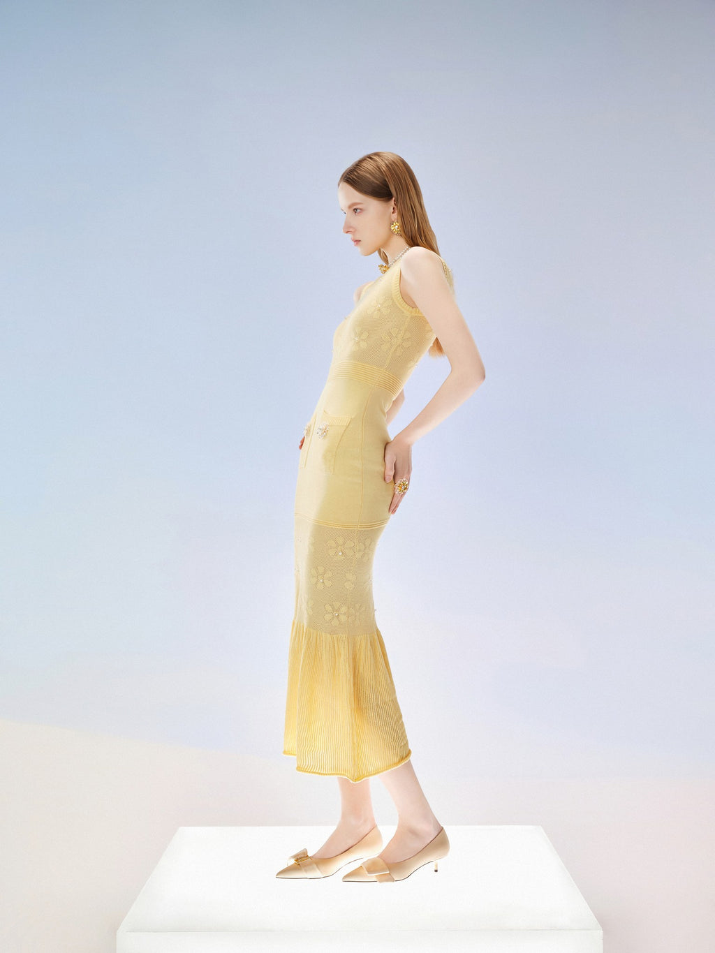 Sunset Bloom Sunlight Yellow Openwork Knit Maxi Dress front detail