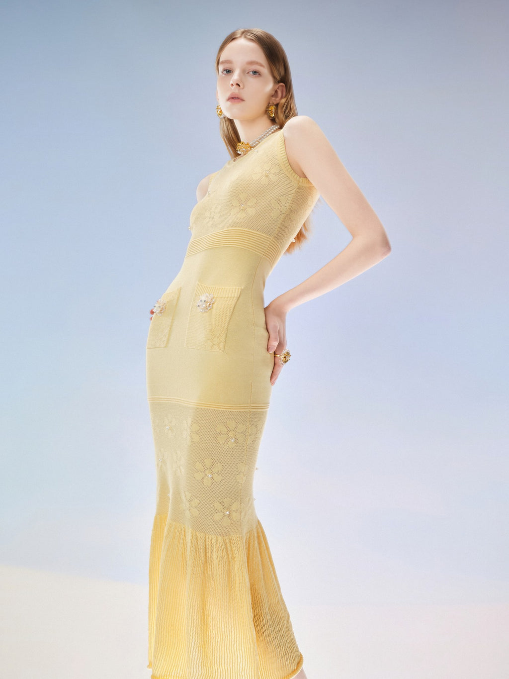 Sunset Bloom Sunlight Yellow Openwork Knit Maxi Dress side detail