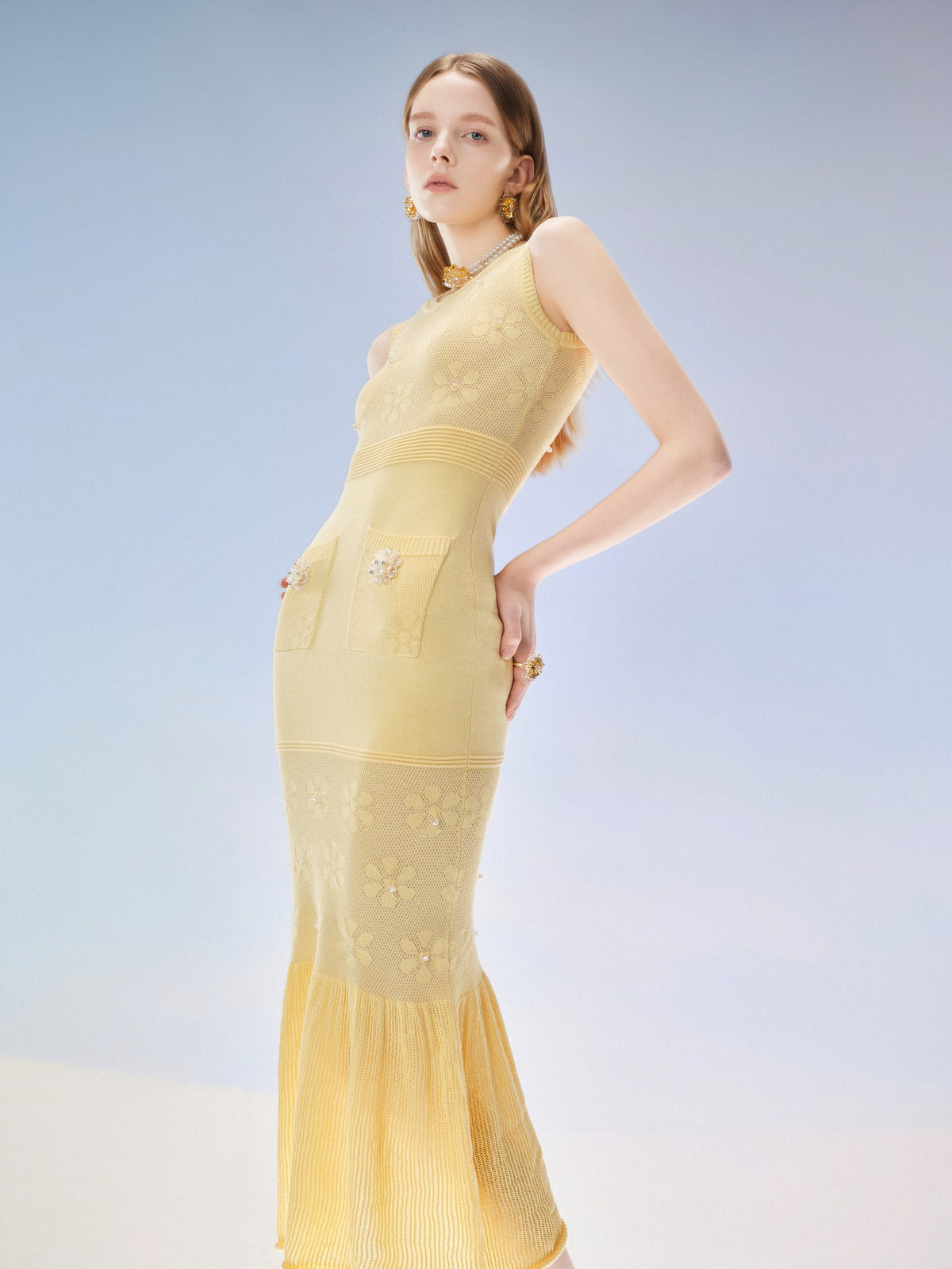 Sunset Bloom Sunlight Yellow Openwork Knit Maxi Dress side detail