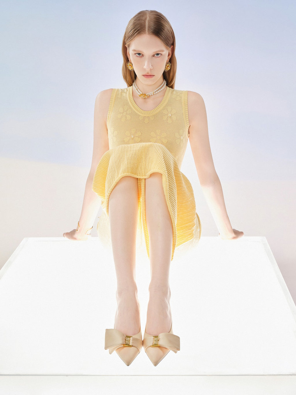 Sunset Bloom Sunlight Yellow Openwork Knit Maxi Dress lookbook
