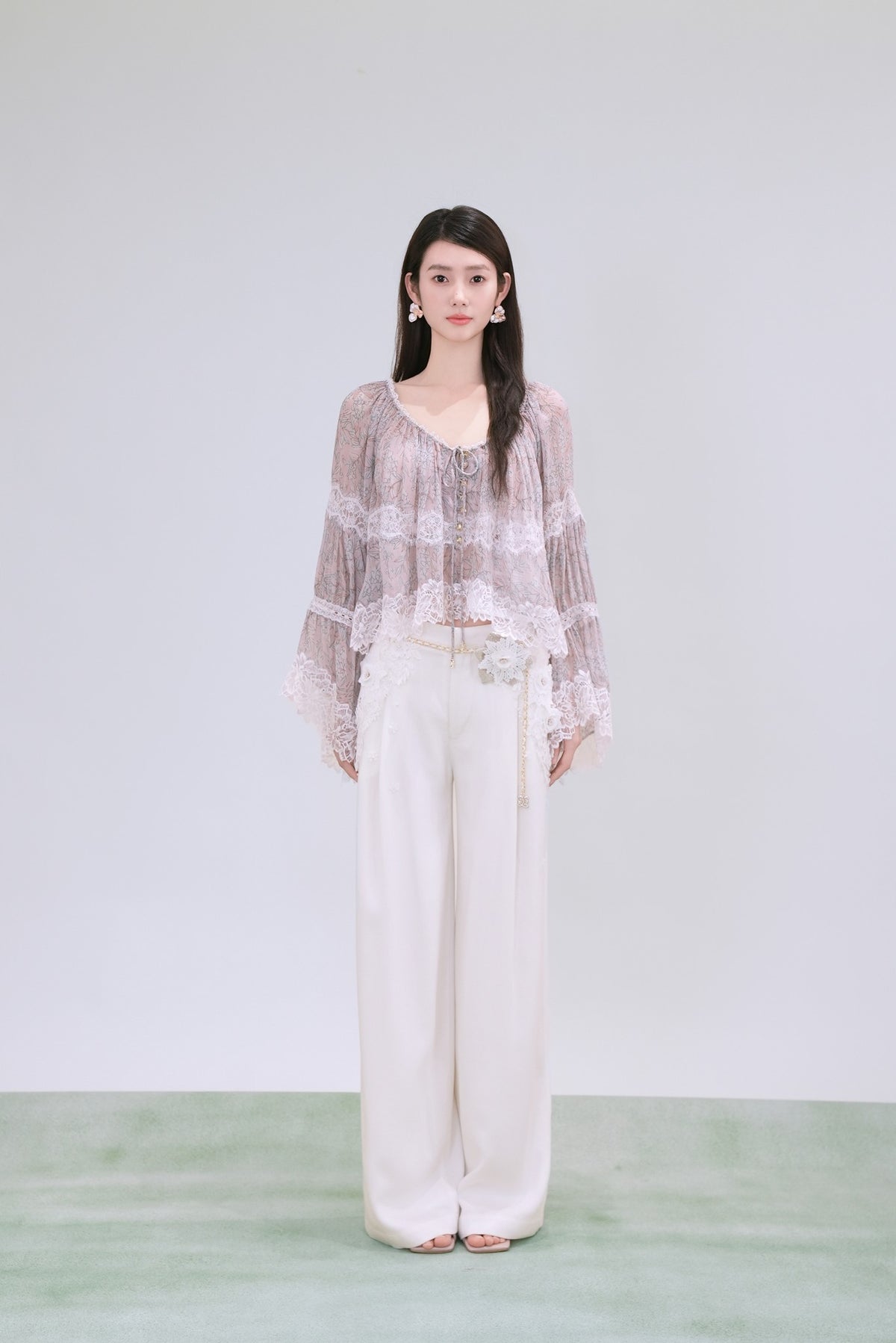 Riviera Pink Silk Print Spliced Lace Tie-Front Blouse front detail