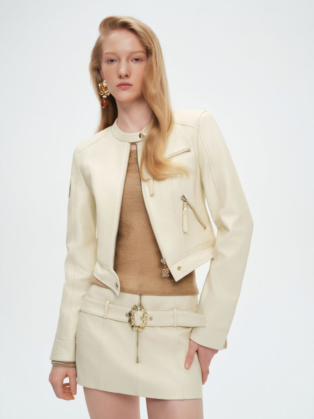 Rue Cambon Cropped Leather Moto Jacket detail