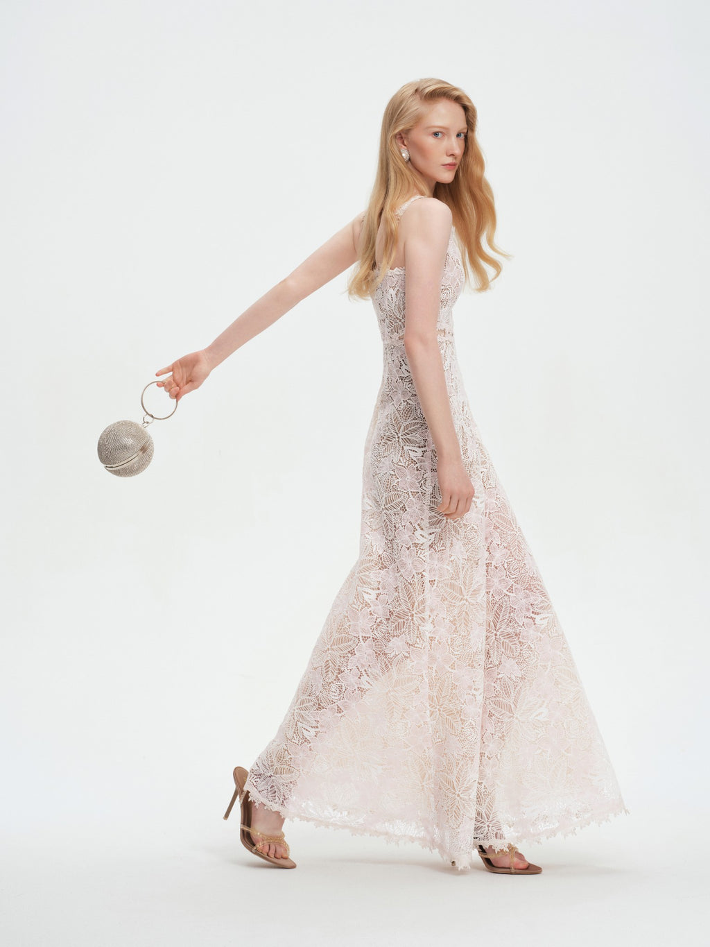Pearl Wonderland 3D Floral Lace V-Neck Maxi Dress fabric close-up