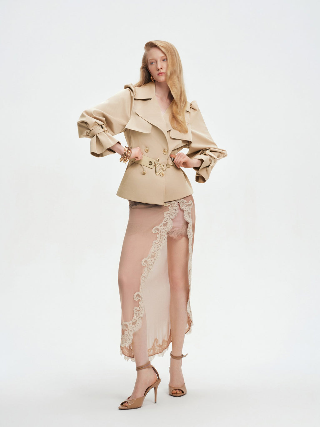 Trench coat snake-embossed leather belt close-up