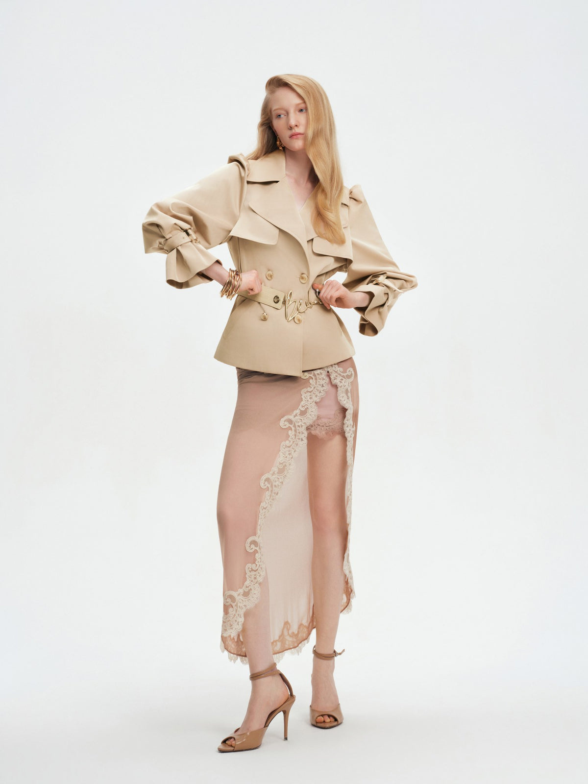Trench coat snake-embossed leather belt close-up