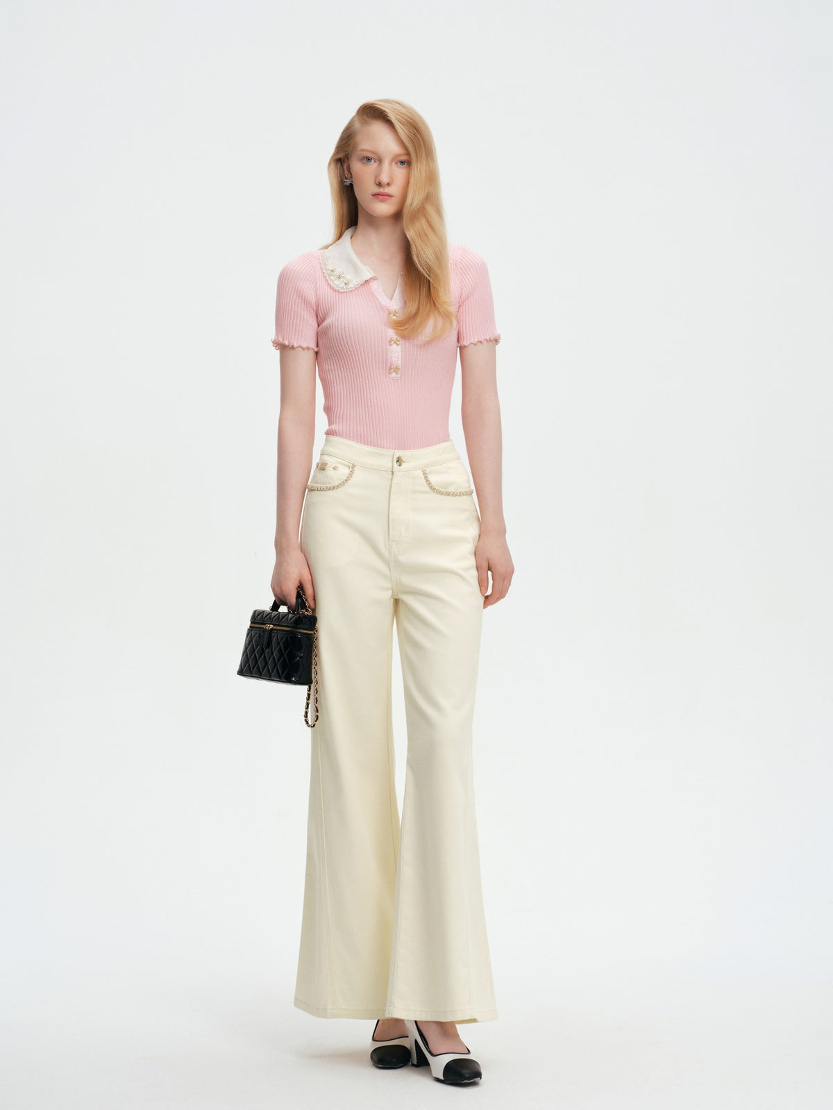 Pearl Wonderland Spliced Lace-Collar Knit Polo Top front detail
