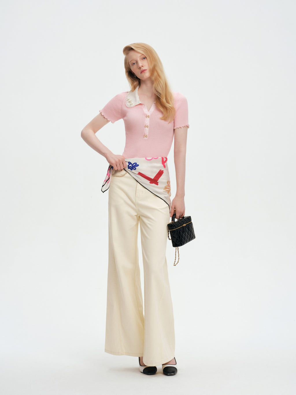 Pearl Wonderland Spliced Lace-Collar Knit Polo Top side profile