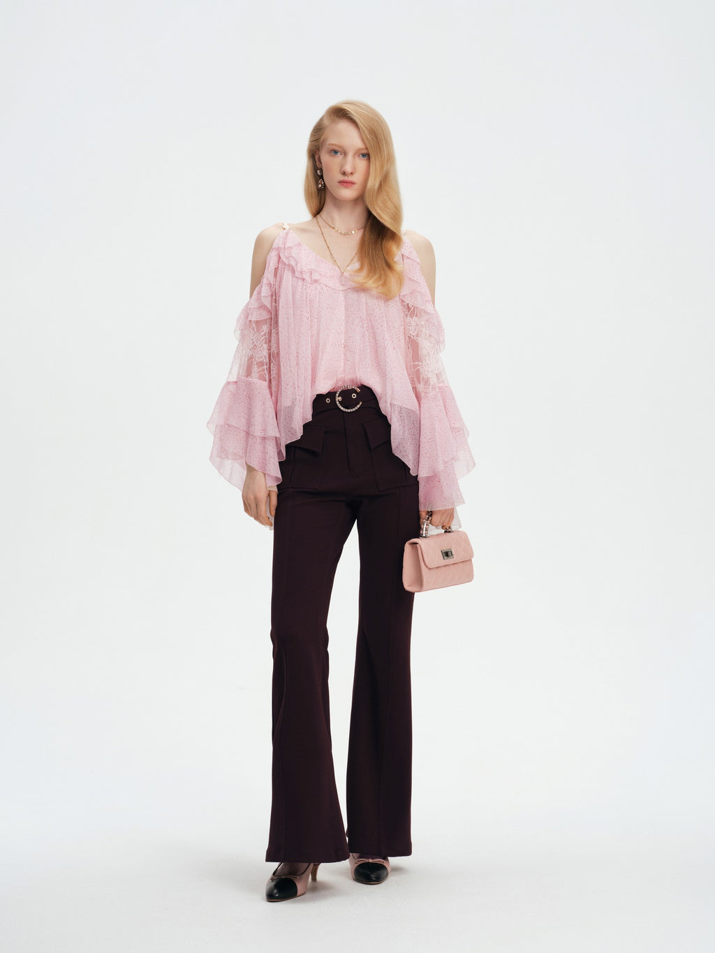 Pearl Wonderland Pink Silk Off-Shoulder Lace Bell Sleeve Top front detail