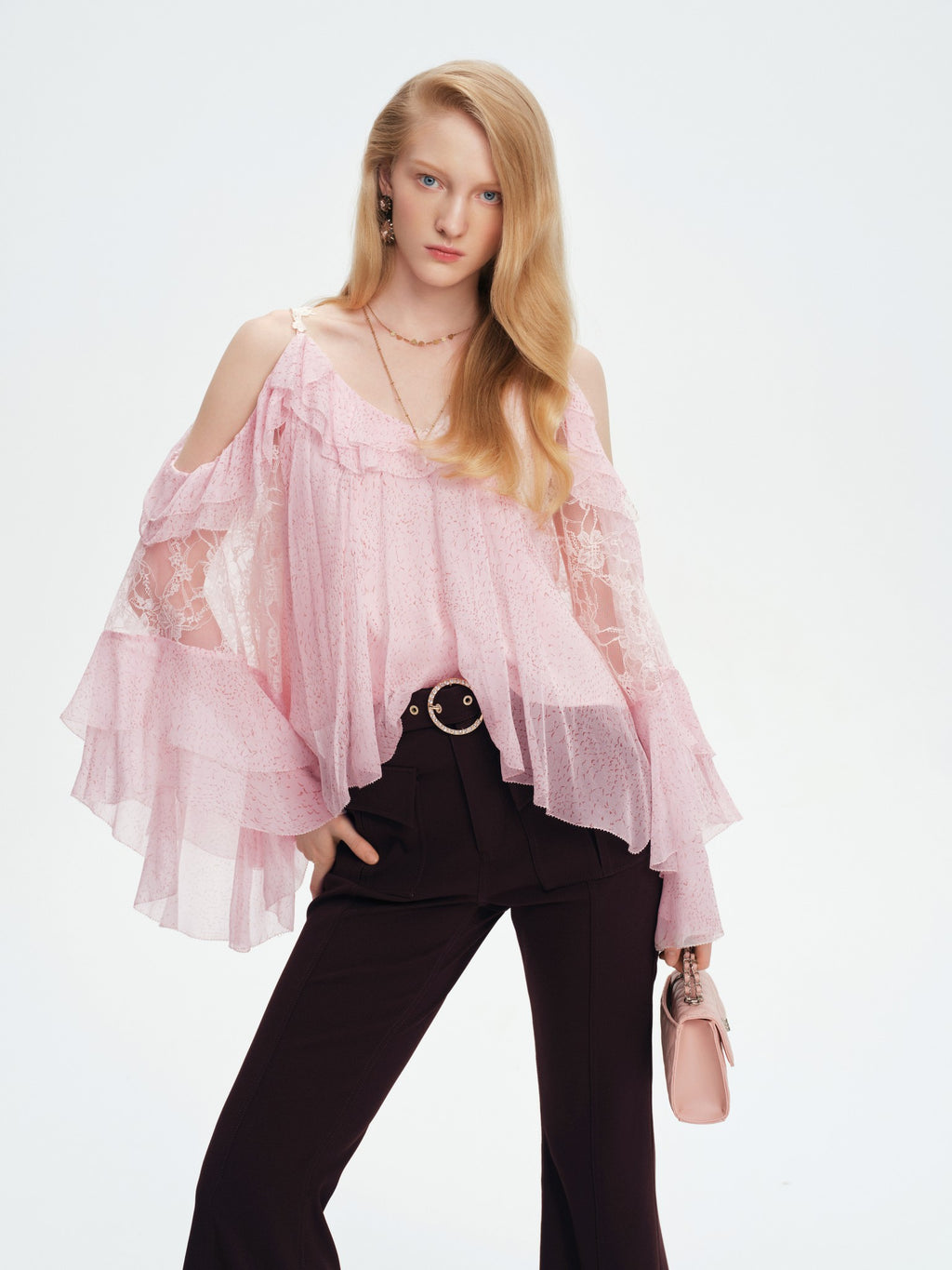 Pearl Wonderland Pink Silk Off-Shoulder Lace Bell Sleeve Top back view