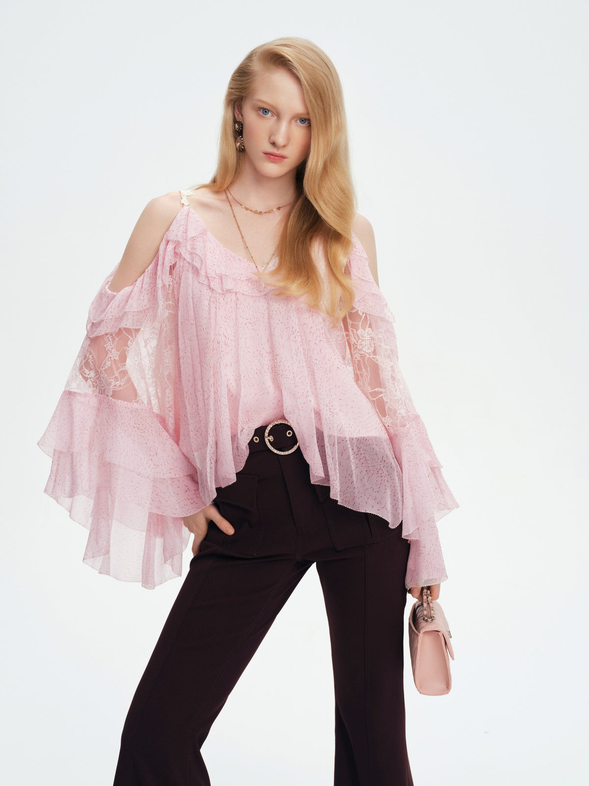 Pearl Wonderland Pink Silk Off-Shoulder Lace Bell Sleeve Top back view