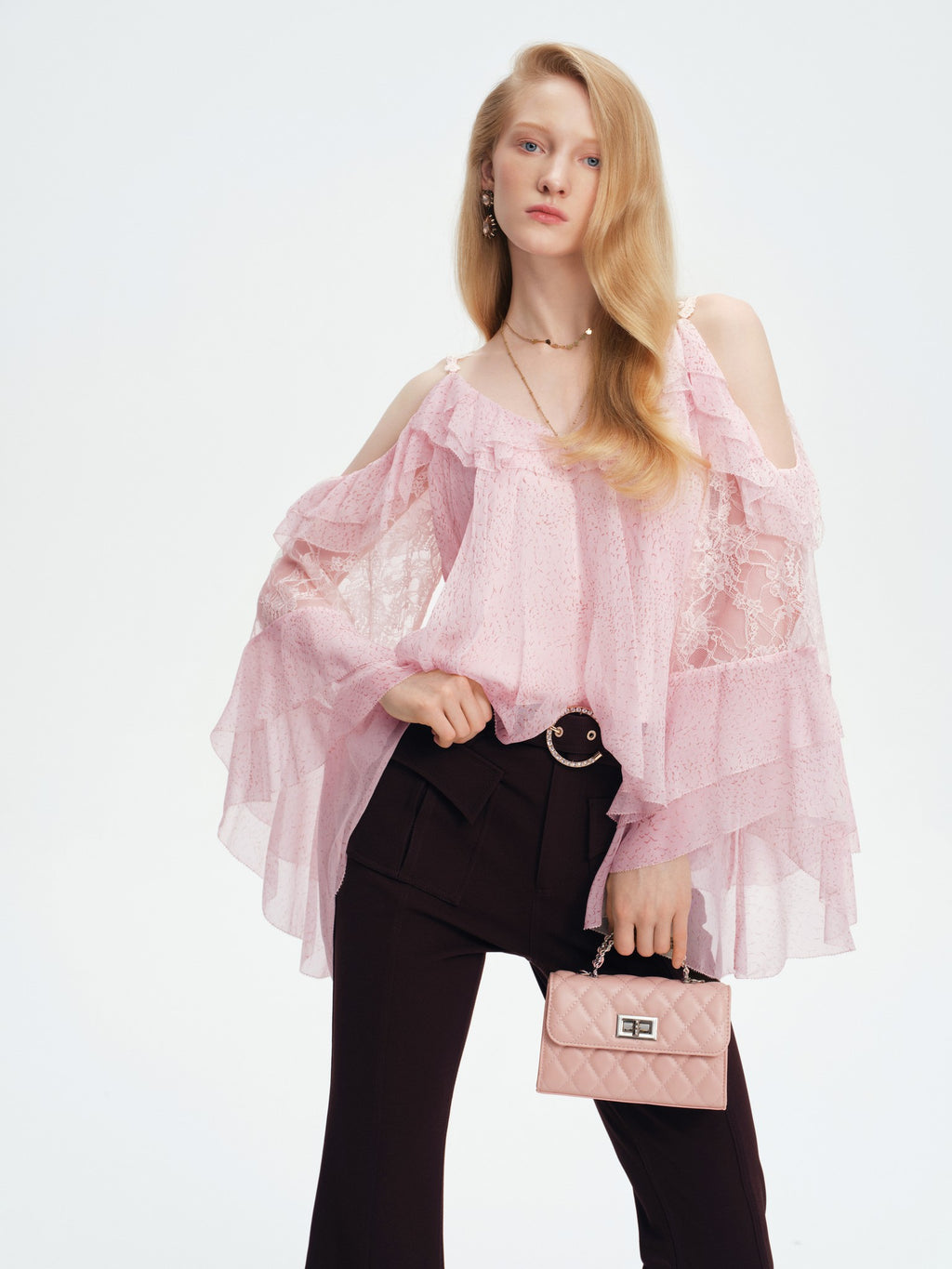 Pearl Wonderland Pink Silk Off-Shoulder Lace Bell Sleeve Top side profile
