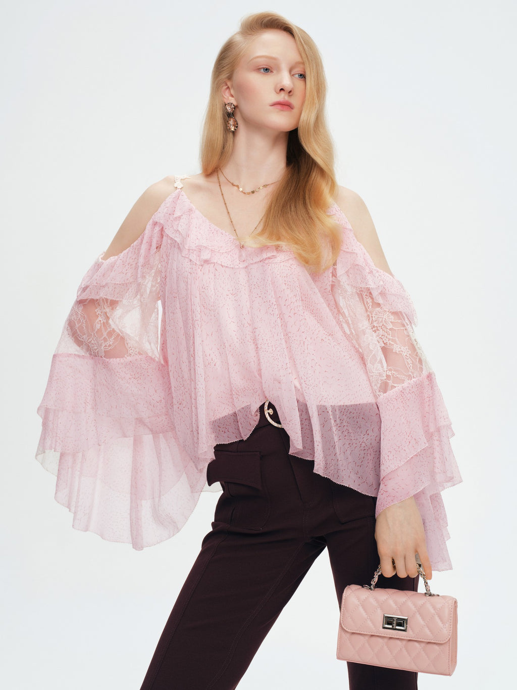 Pearl Wonderland Pink Silk Off-Shoulder Lace Bell Sleeve Top fabric close-up