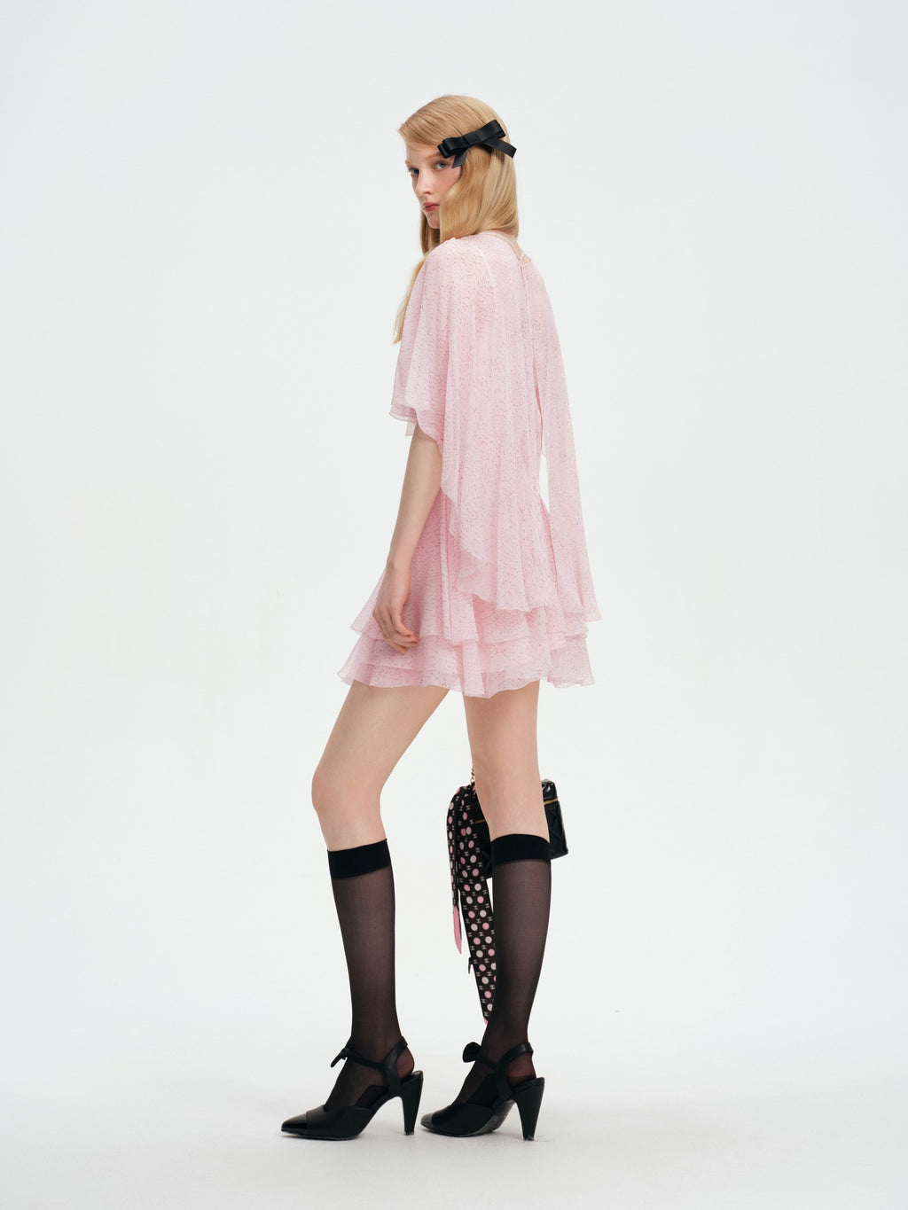 Riviera Silk Cape Sleeve Pink Mini Dress side profile