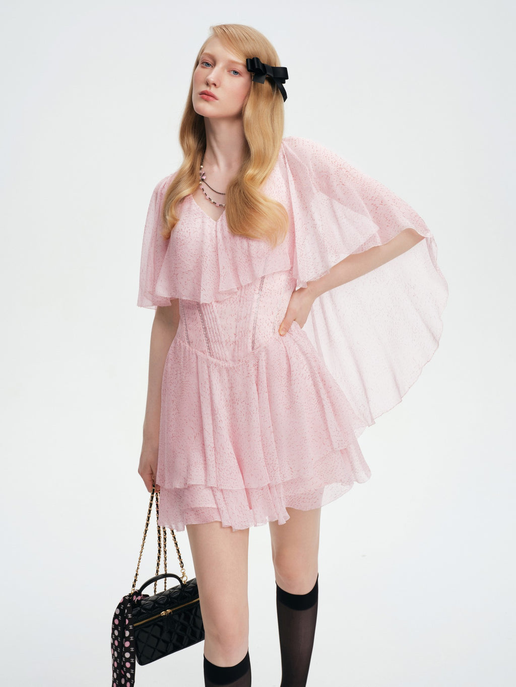 Riviera Silk Cape Sleeve Pink Mini Dress full body