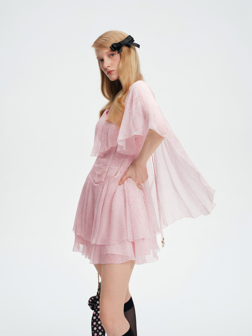 Riviera Silk Cape Sleeve Pink Mini Dress detail shot