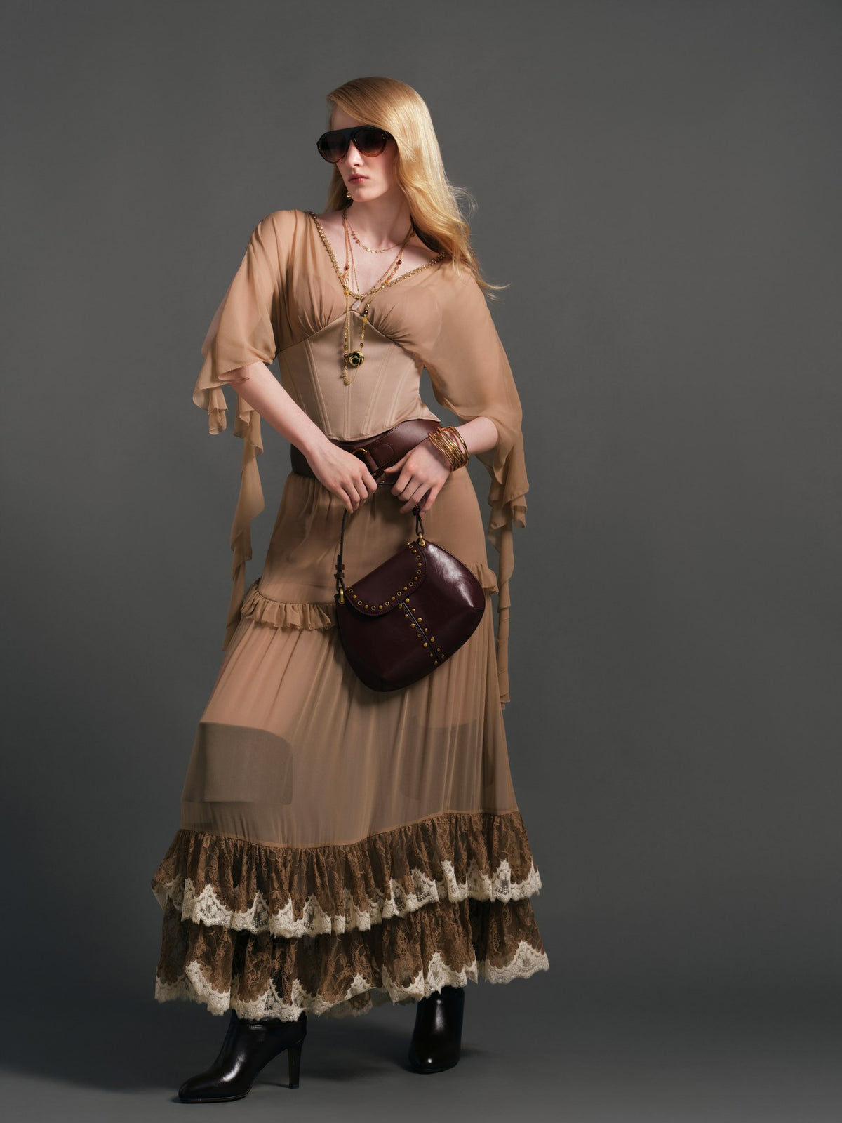 Maxi skirt fabric texture and silk overlay
