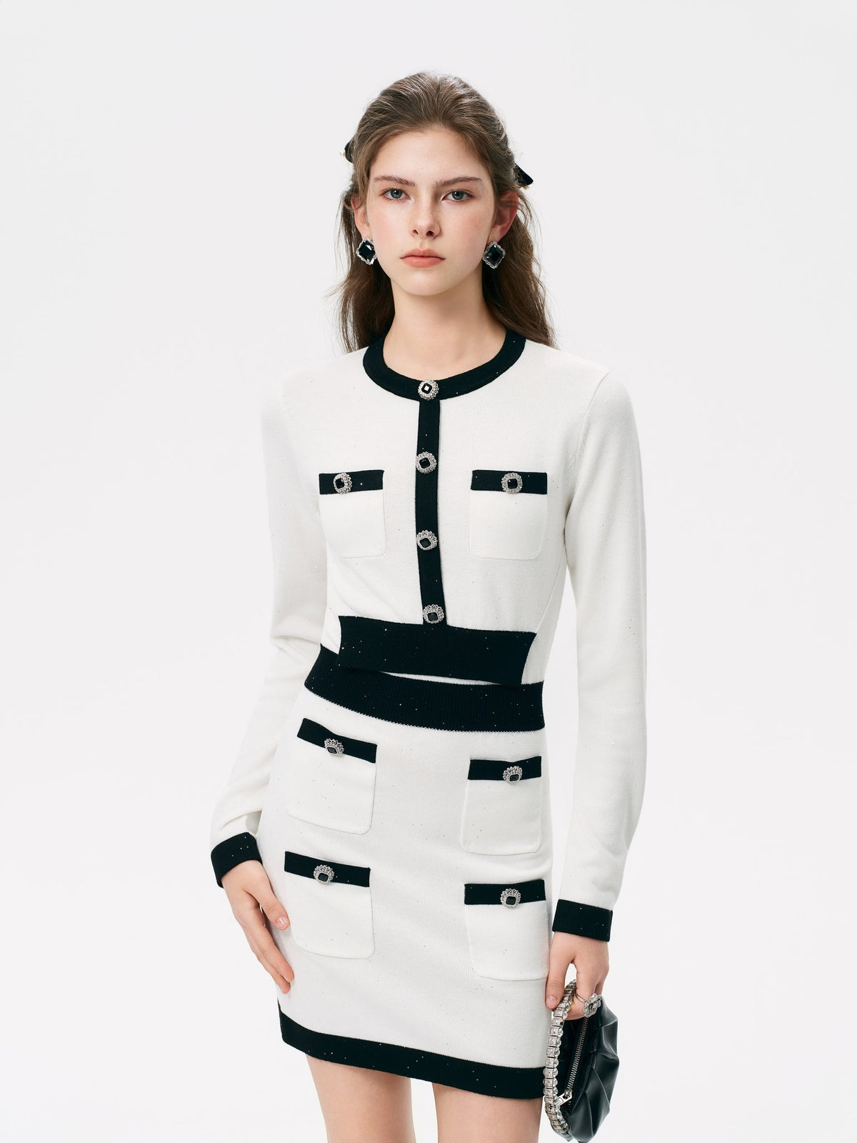 Rue Cambon White Sequin Tweed Knit Mini Dress look