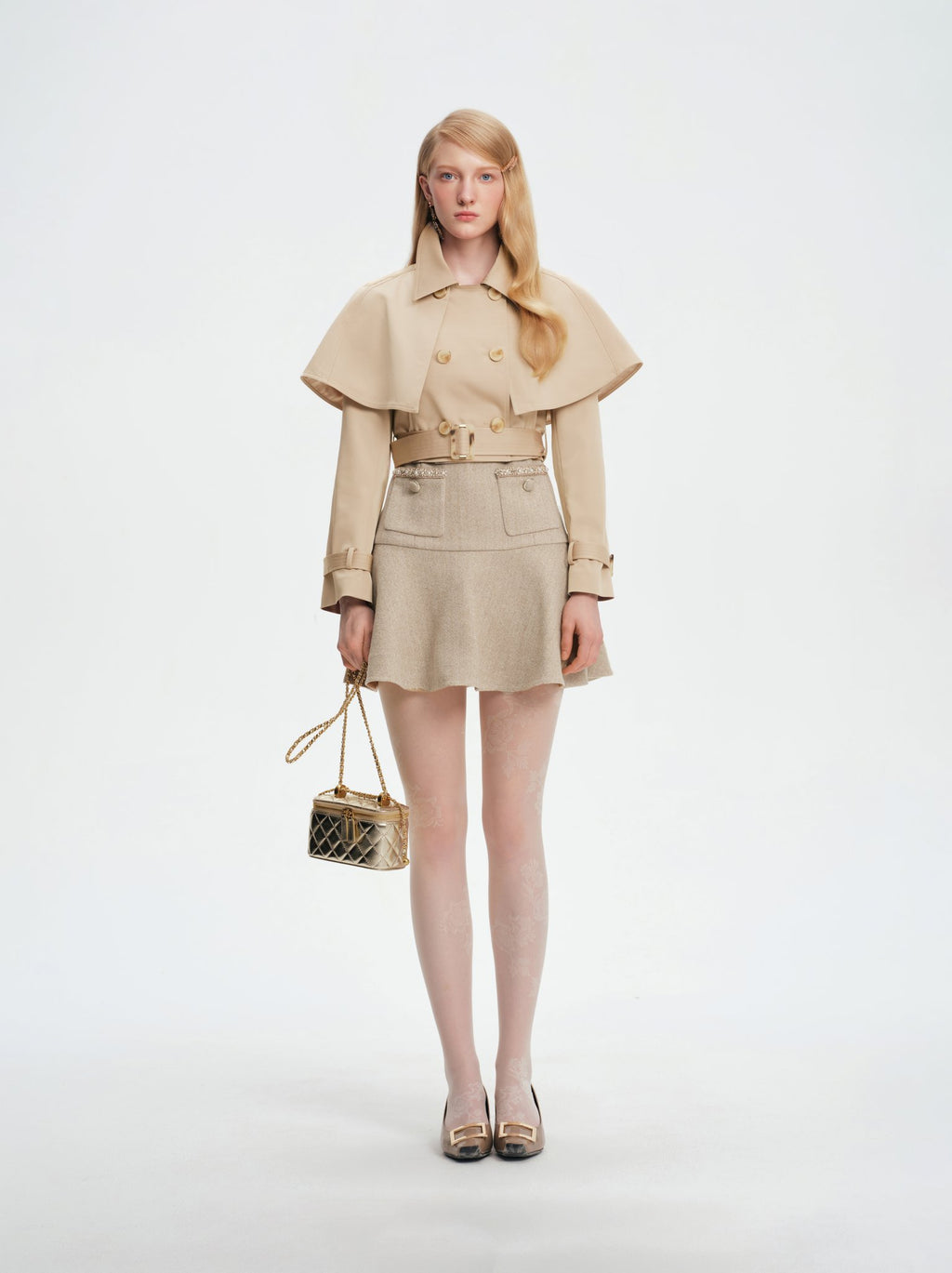 Mayfair Lapel Cape Double-Breasted Belted Short Coat Beige side profile