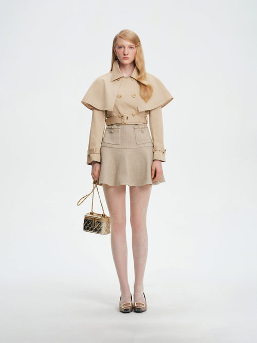 Mayfair Lapel Cape Double-Breasted Belted Short Coat Beige side profile