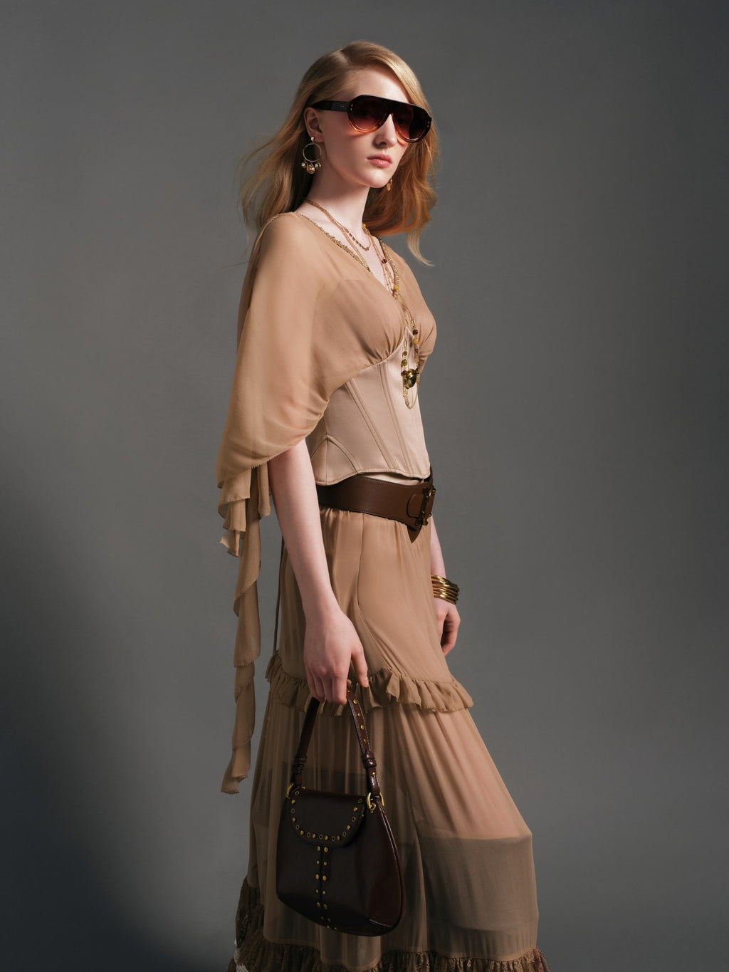 Morning Muse Brown V-Neck Patchwork Fitted Cropped Top material detail
