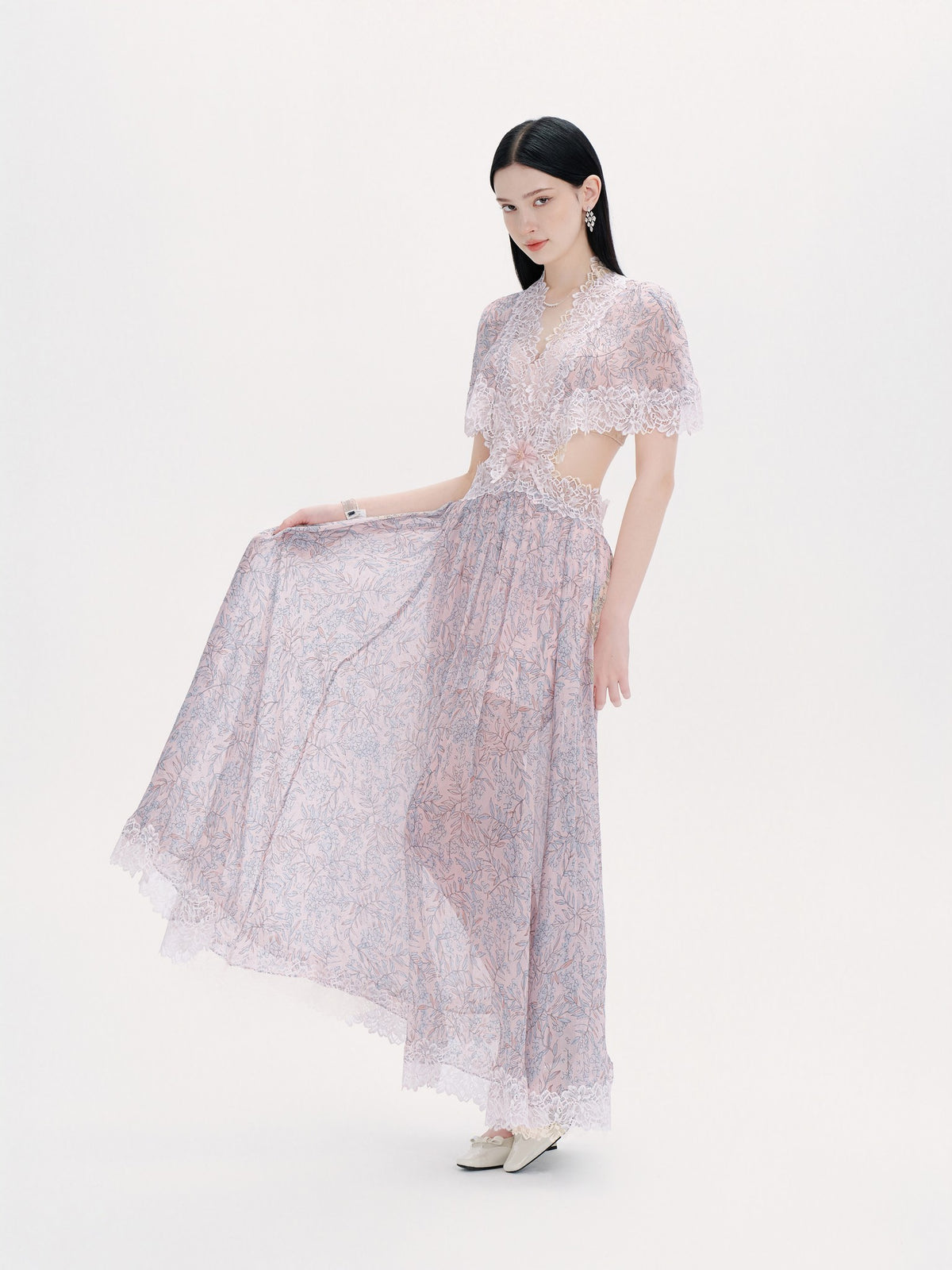 Riviera Printed Silk Lace Midi Dress floral print detail