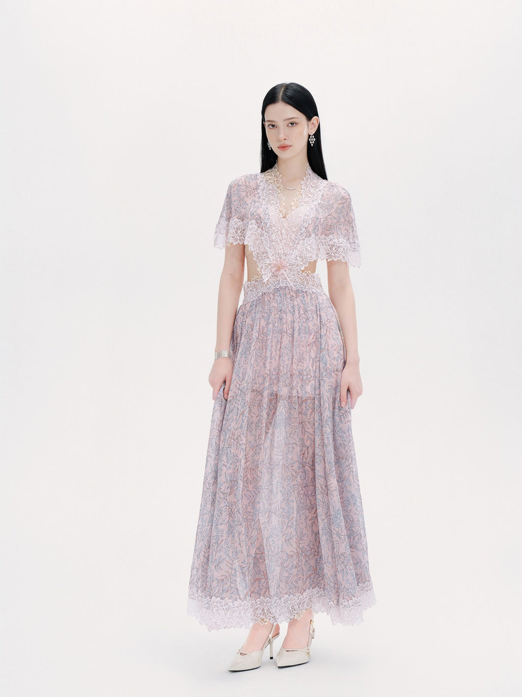 Riviera Printed Silk Lace Midi Dress lace trim detail