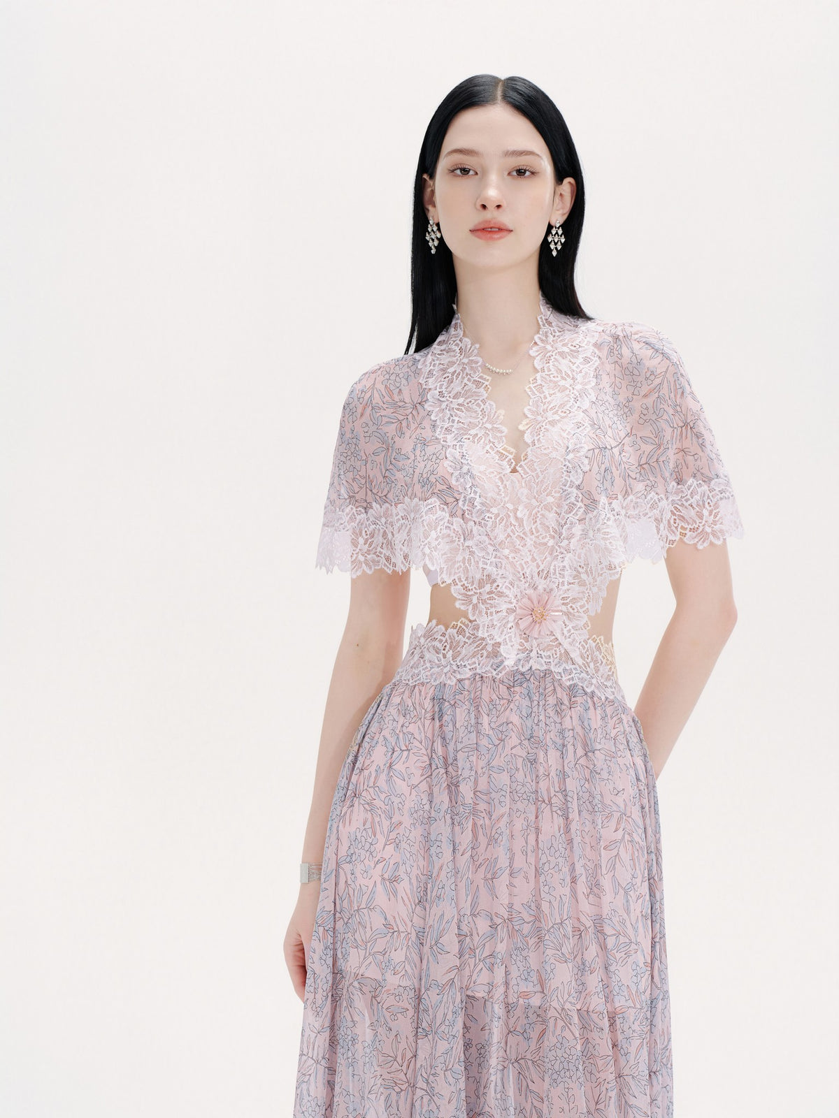 Riviera Printed Silk Lace Midi Dress fabric close-up
