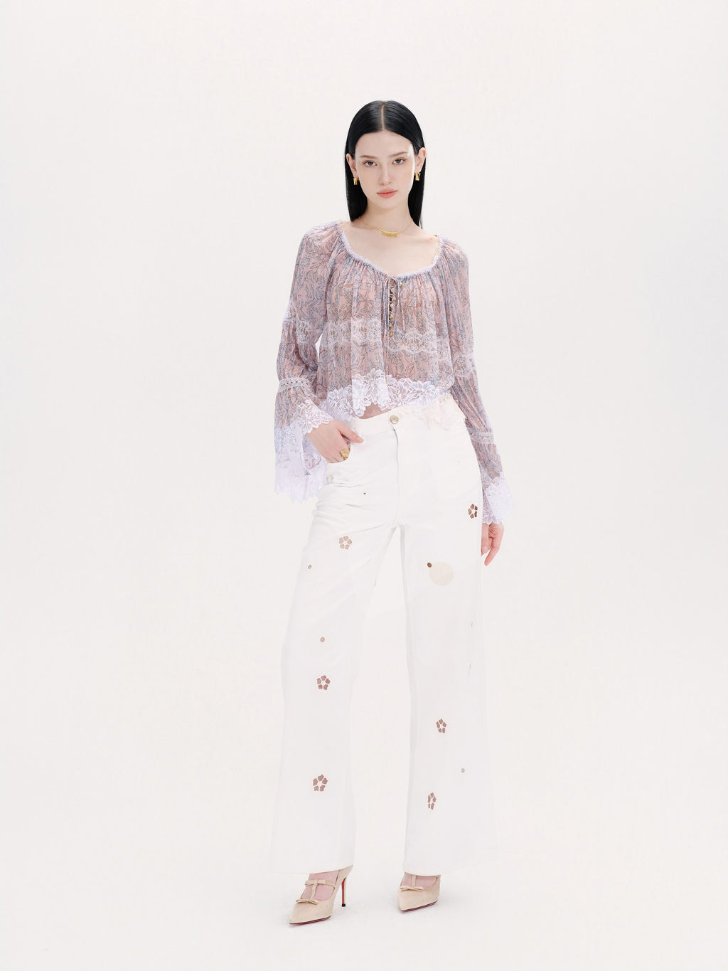 Riviera Pink Silk Print Spliced Lace Tie-Front Blouse back view