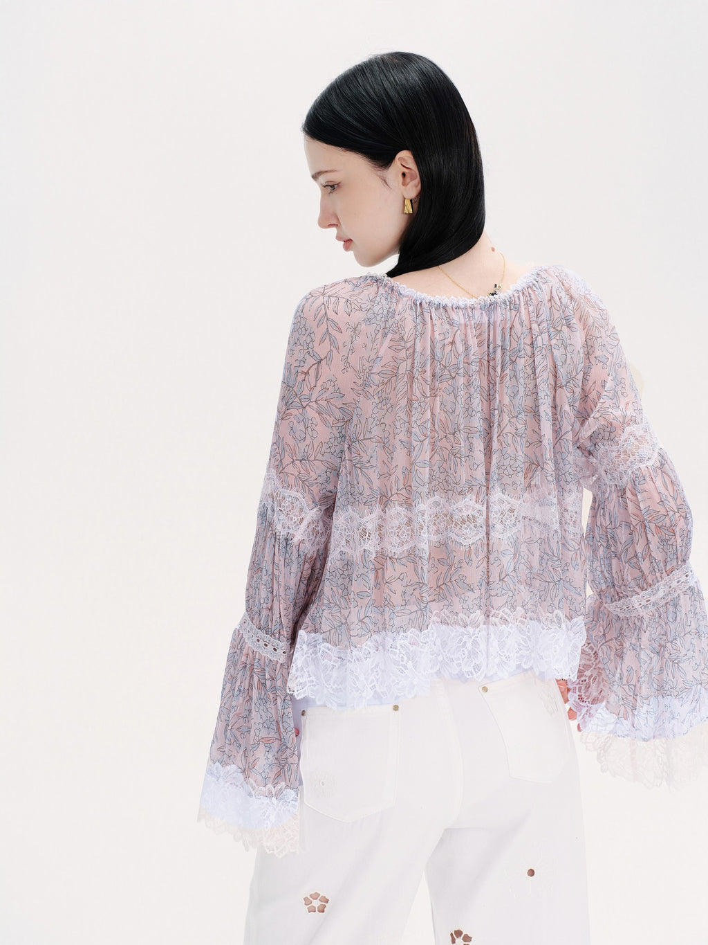 Riviera Pink Silk Print Spliced Lace Tie-Front Blouse side profile