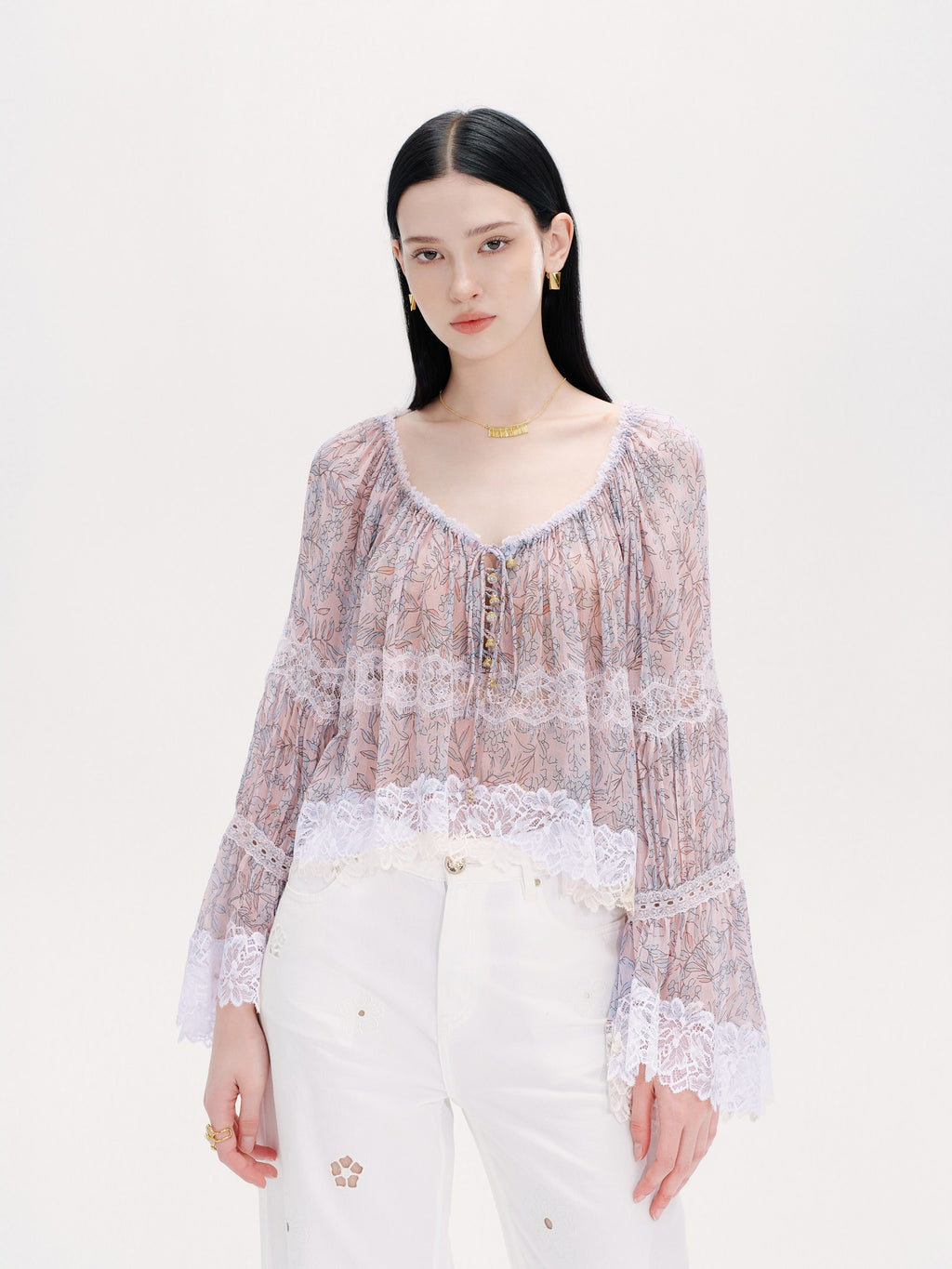 Riviera Pink Silk Print Spliced Lace Tie-Front Blouse fabric close-up