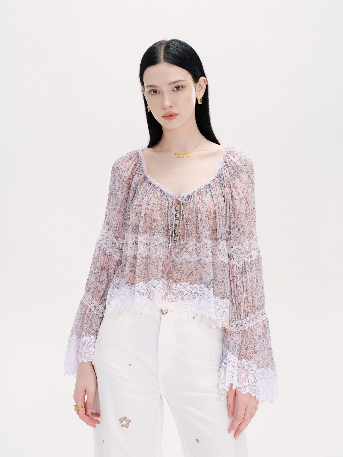 Riviera Pink Silk Print Spliced Lace Tie-Front Blouse fabric close-up