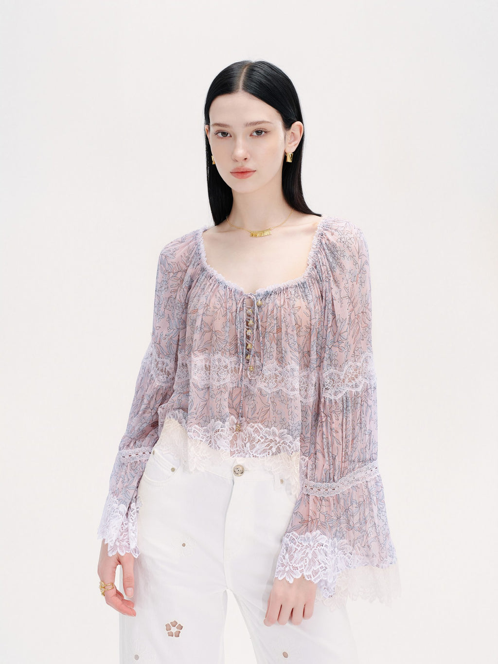 Riviera Pink Silk Print Spliced Lace Tie-Front Blouse styling