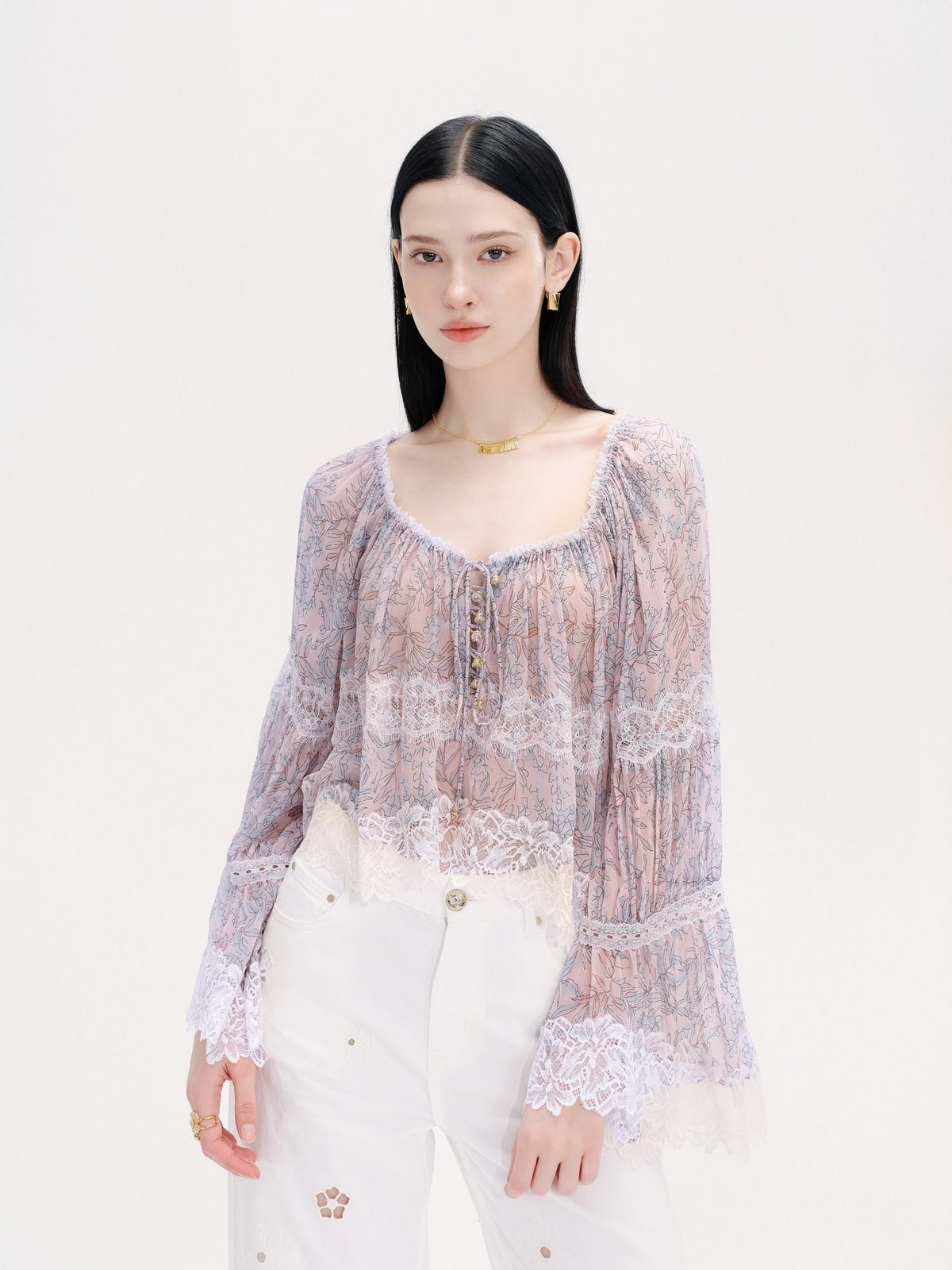 Riviera Pink Silk Print Spliced Lace Tie-Front Blouse styling