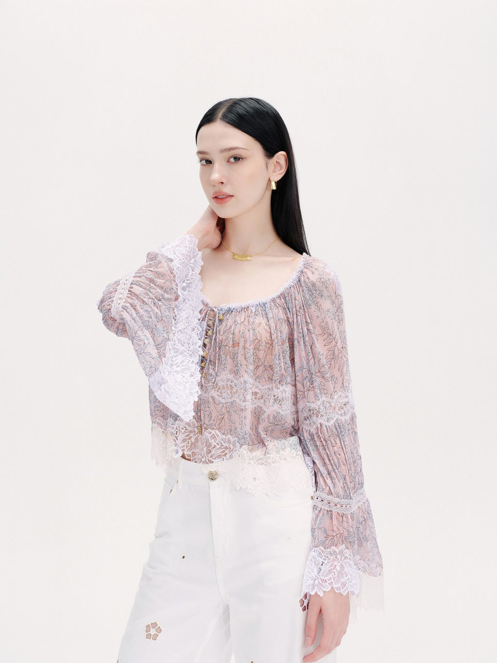 Riviera Pink Silk Print Spliced Lace Tie-Front Blouse full look