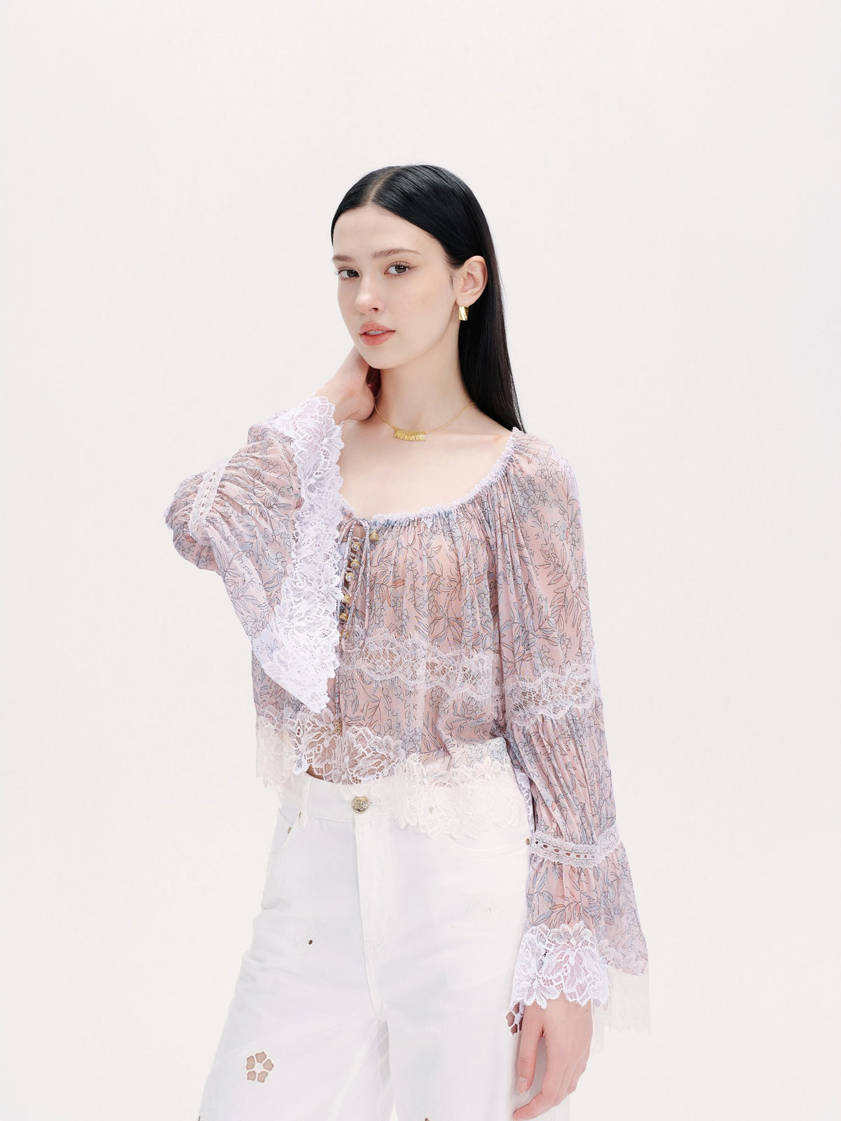 Riviera Pink Silk Print Spliced Lace Tie-Front Blouse full look