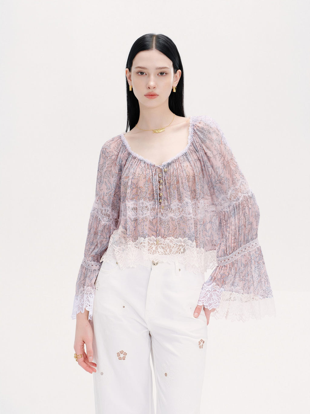 Riviera Pink Silk Print Spliced Lace Tie-Front Blouse front detail