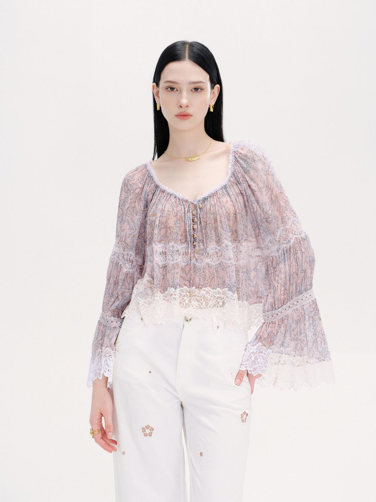 Riviera Pink Silk Print Spliced Lace Tie-Front Blouse front detail