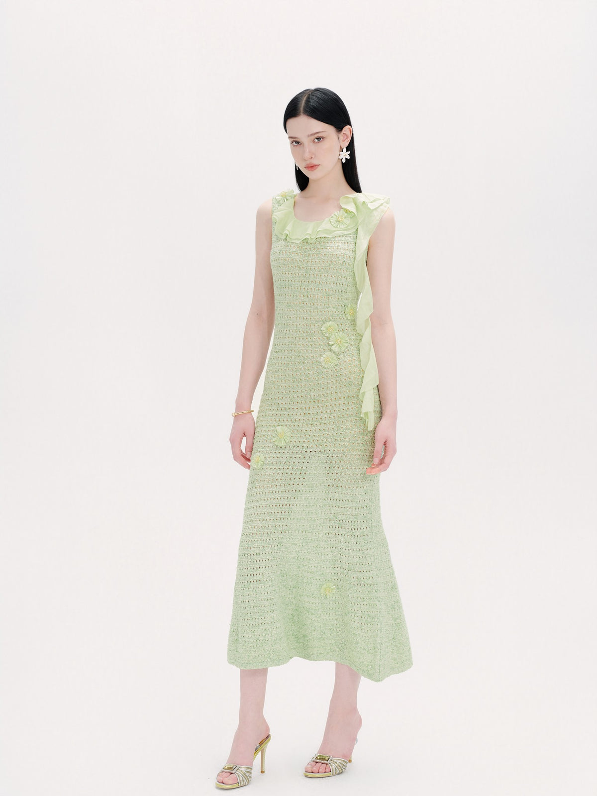 Riviera Green Crochet Floral Fishtail Maxi Dress front detail
