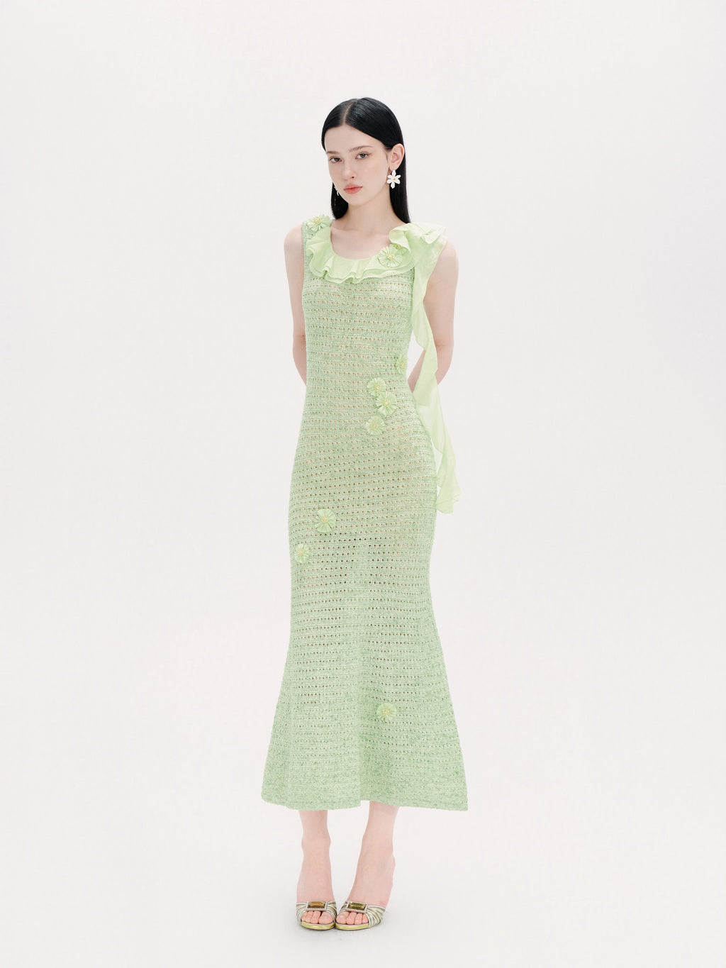 Riviera Green Crochet Floral Fishtail Maxi Dress back view