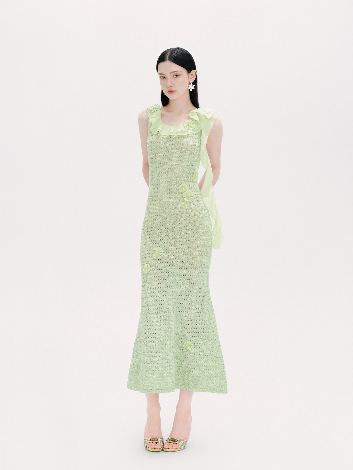 Riviera Green Crochet Floral Fishtail Maxi Dress back view