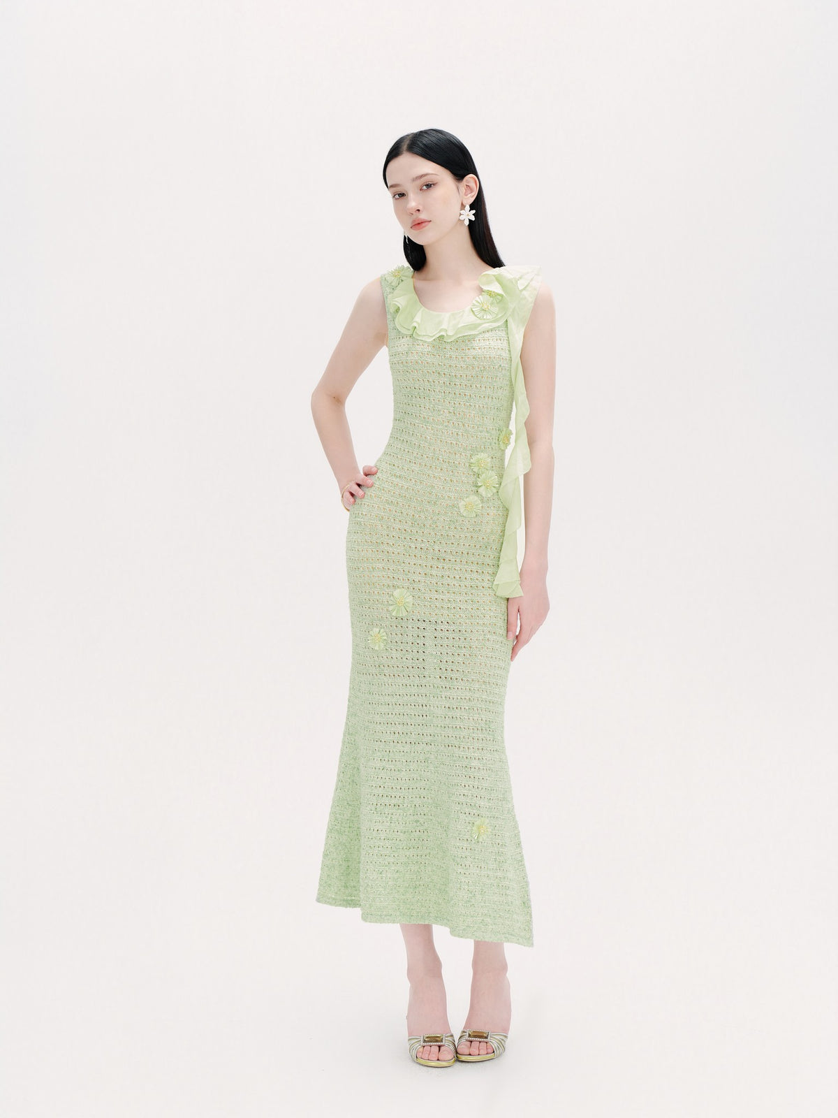 Riviera Green Crochet Floral Fishtail Maxi Dress side profile