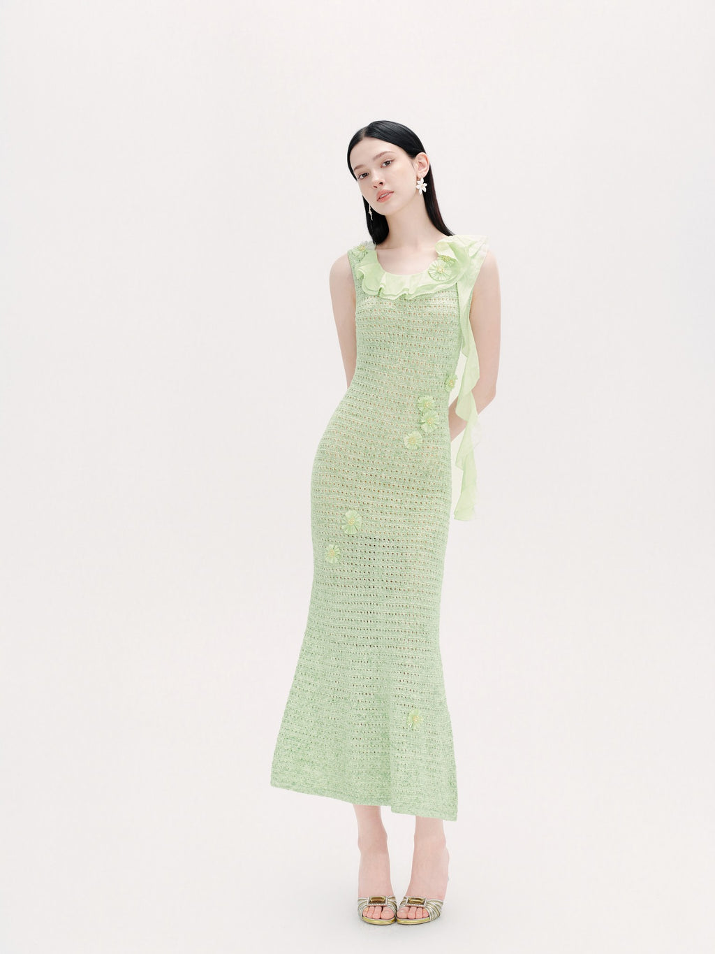 Riviera Green Crochet Floral Fishtail Maxi Dress fabric close-up